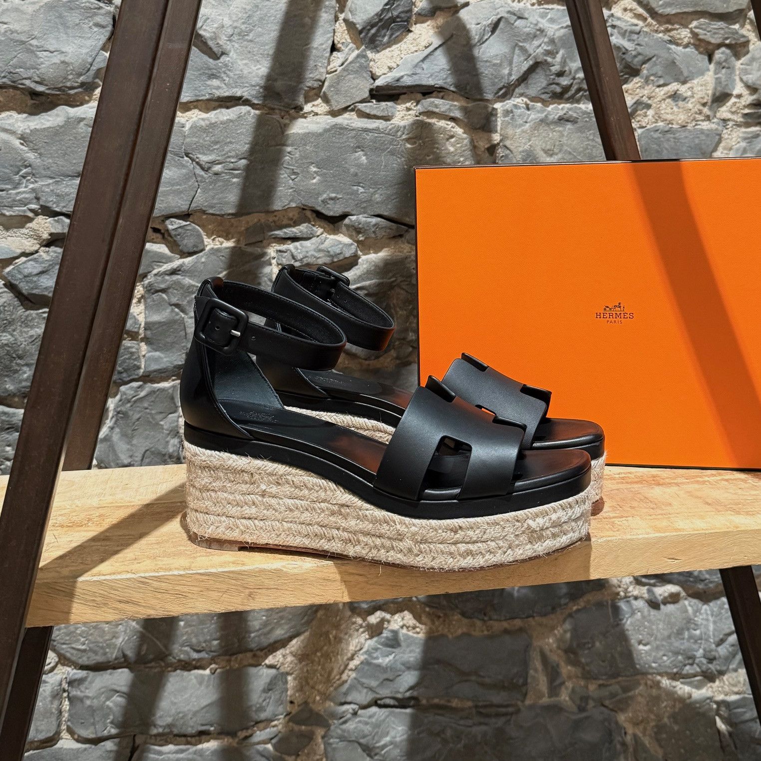 Hermes Hermès Black Leather Elda Wedges Espadrilles H Sandals Size US 11 / IT 41 - 1 Thumbnail