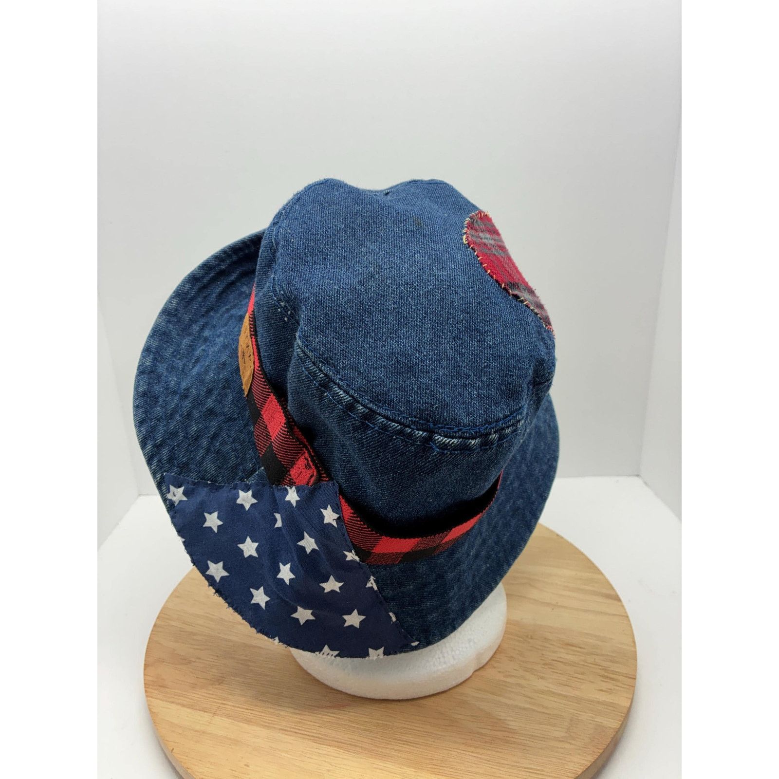 Other Vintage Denim Hat Reworked – Small 22” Red Plaid, Americana Size ONE SIZE - 4 Thumbnail