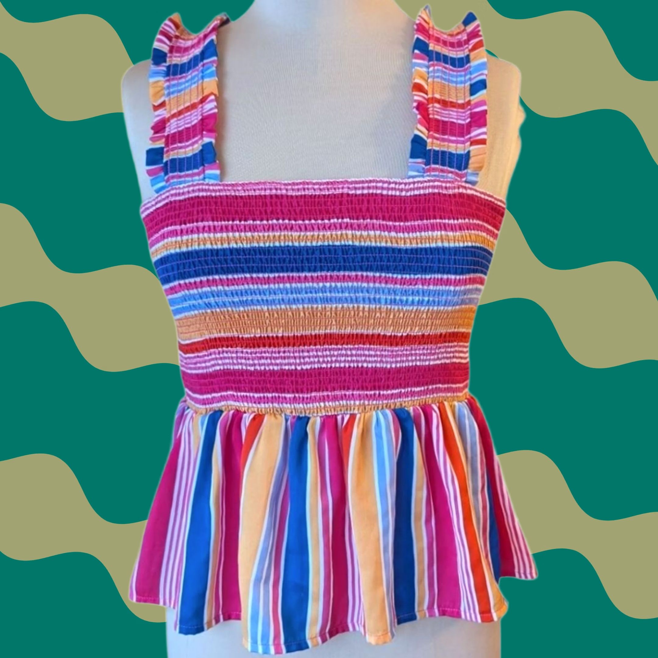 Rainbow Unbranded Multicolor Striped Smocked Peplum Top Ruffle Strap Square Neck Size S Women Sleeveless Crop Top Size S / US 4 / IT 40 - 1 Thumbnail