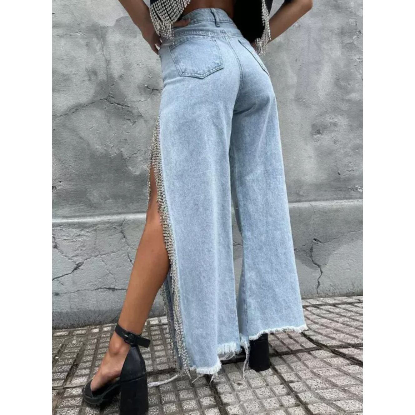 Other NEW Light Stretch Denim Crystal Fringe Tassel Split Leg Jean Size 28" / US 6 / IT 42 - 14 Thumbnail