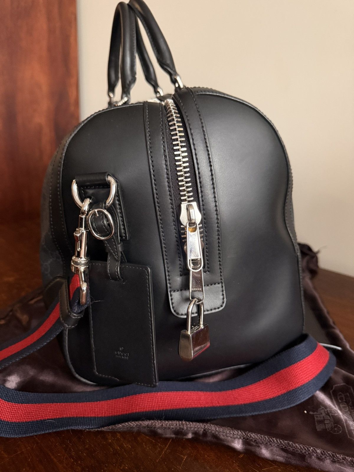Gucci GUCCI GG Supreme Duffle Bag Black Monogram Weekender Travel Size ONE SIZE - 8 Thumbnail