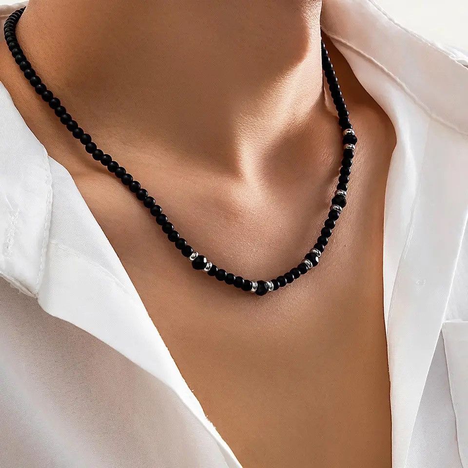 Jewelry × Vintage Hiphop Black Beaded Necklaces Black Frosted Stone Splicing Size ONE SIZE - 4 Thumbnail