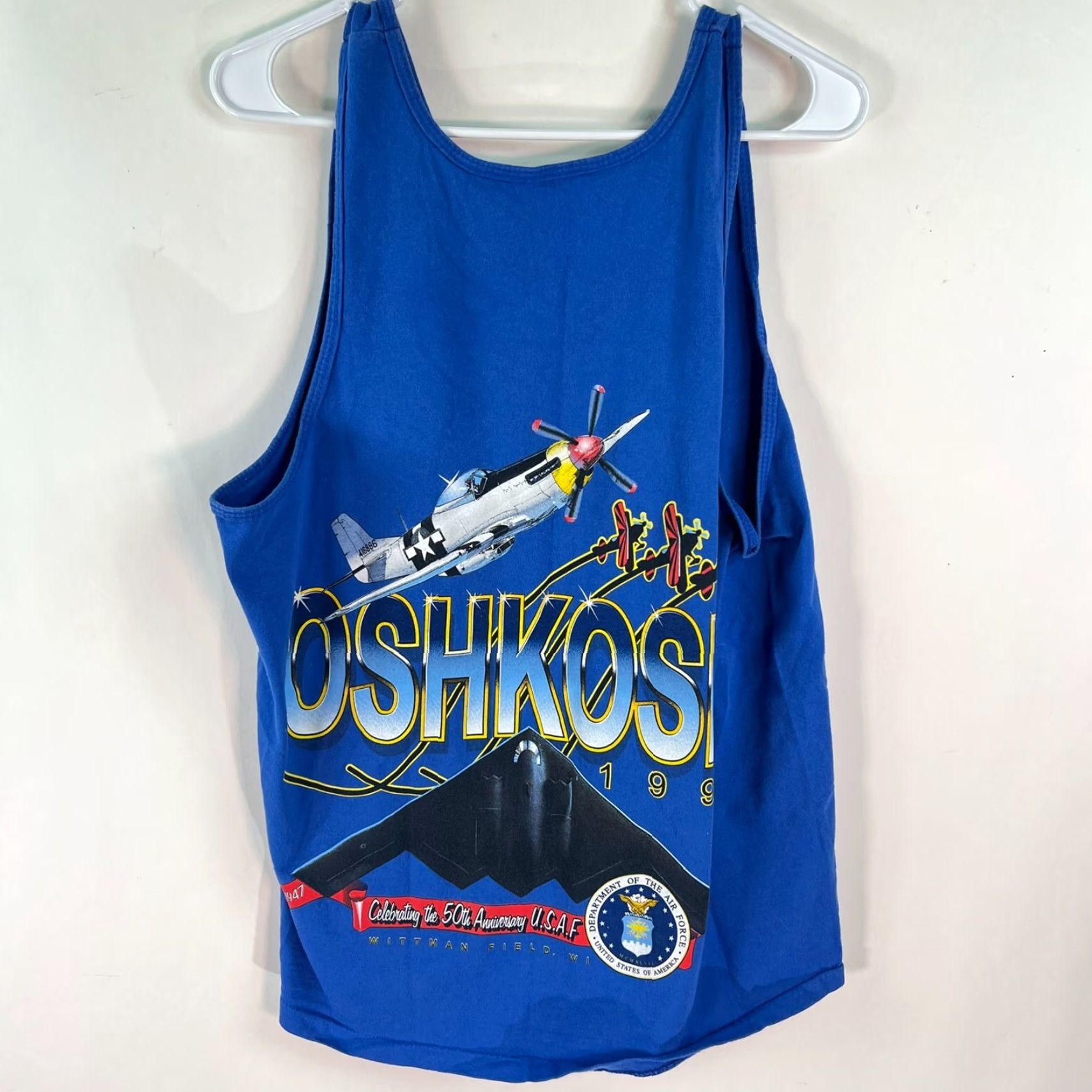 Vintage VINTAGE TSF Oshkosh Fly In 1997 Tank Top Adult Large Blue AOP Shirt Sleeveless 90s Logo Mens Size US L / EU 52-54 / 3 - 5 Thumbnail