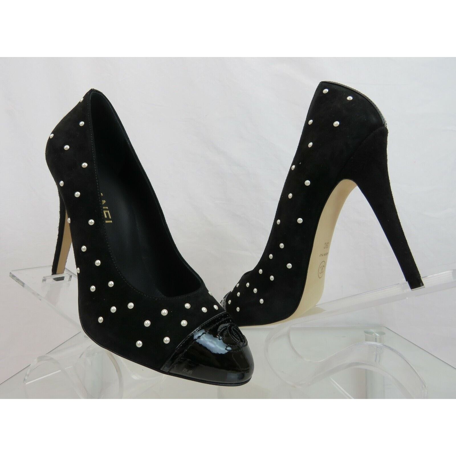 Chanel G33422 BLACK SUEDE PATENT LEATHER CAP TOE PEARLS PUMPS 39 Size US 9 / IT 39 - 4 Thumbnail