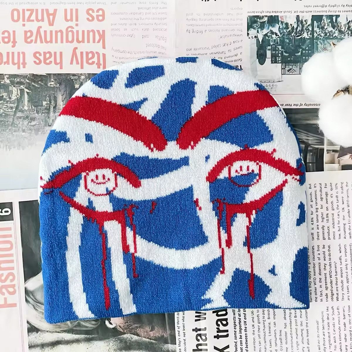 Japanese Brand Tears Eyes Smiley No Cuff Knit Skully Beanie Hat Size ONE SIZE - 1 Thumbnail
