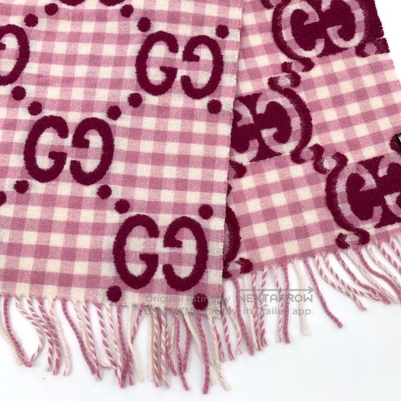 Gucci Gucci Pink logo jacquard full-print wool tassel scarf Size ONE SIZE - 6 Thumbnail