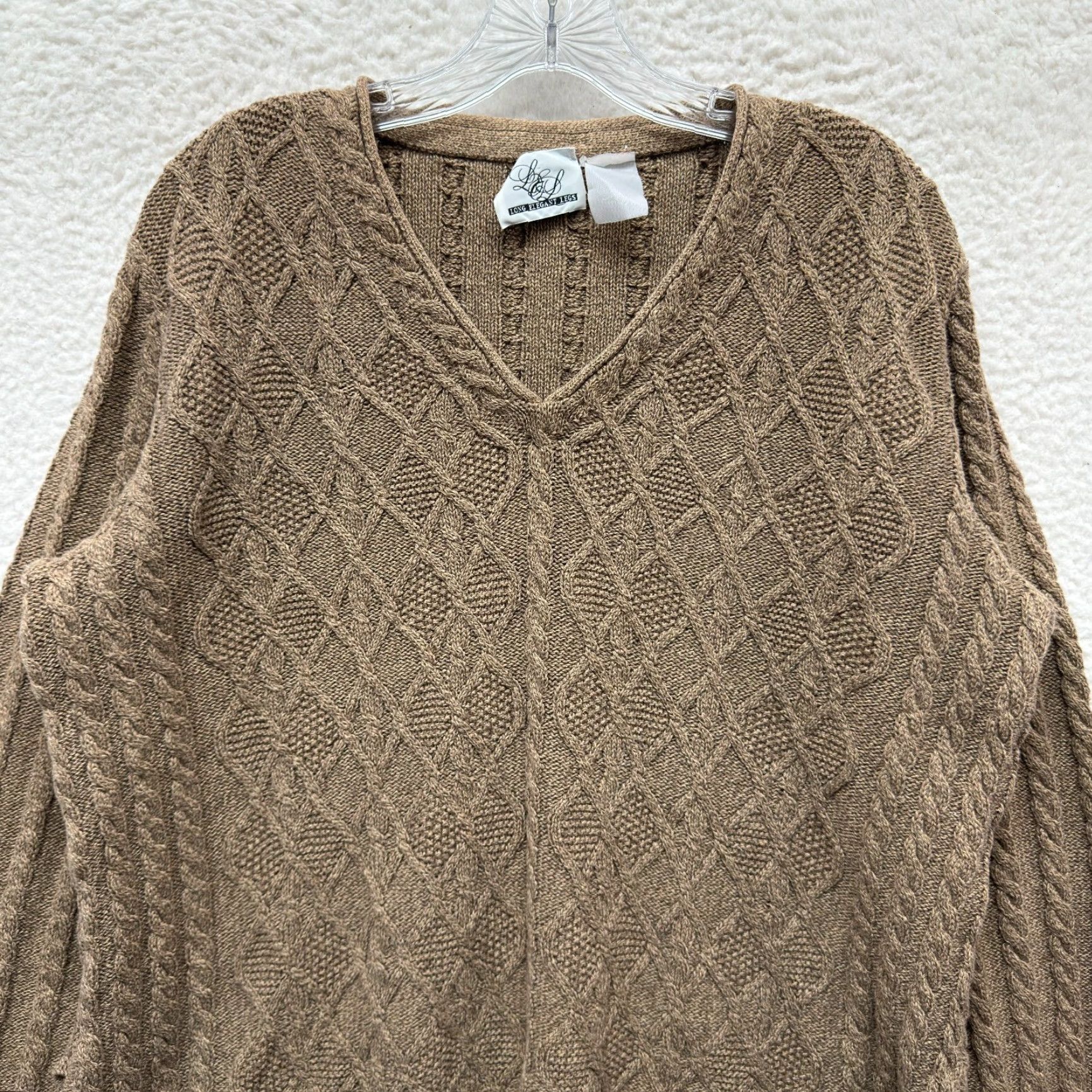 Vintage VINTAGE 80s 90s Sweater Long Elegant Legs Cable Knit V-Neck Fisherman Tan Beige Womens XL Casual Mens? (Note: remove confusion) Size XL / US 12-14 / IT 48-50 - 3 Thumbnail
