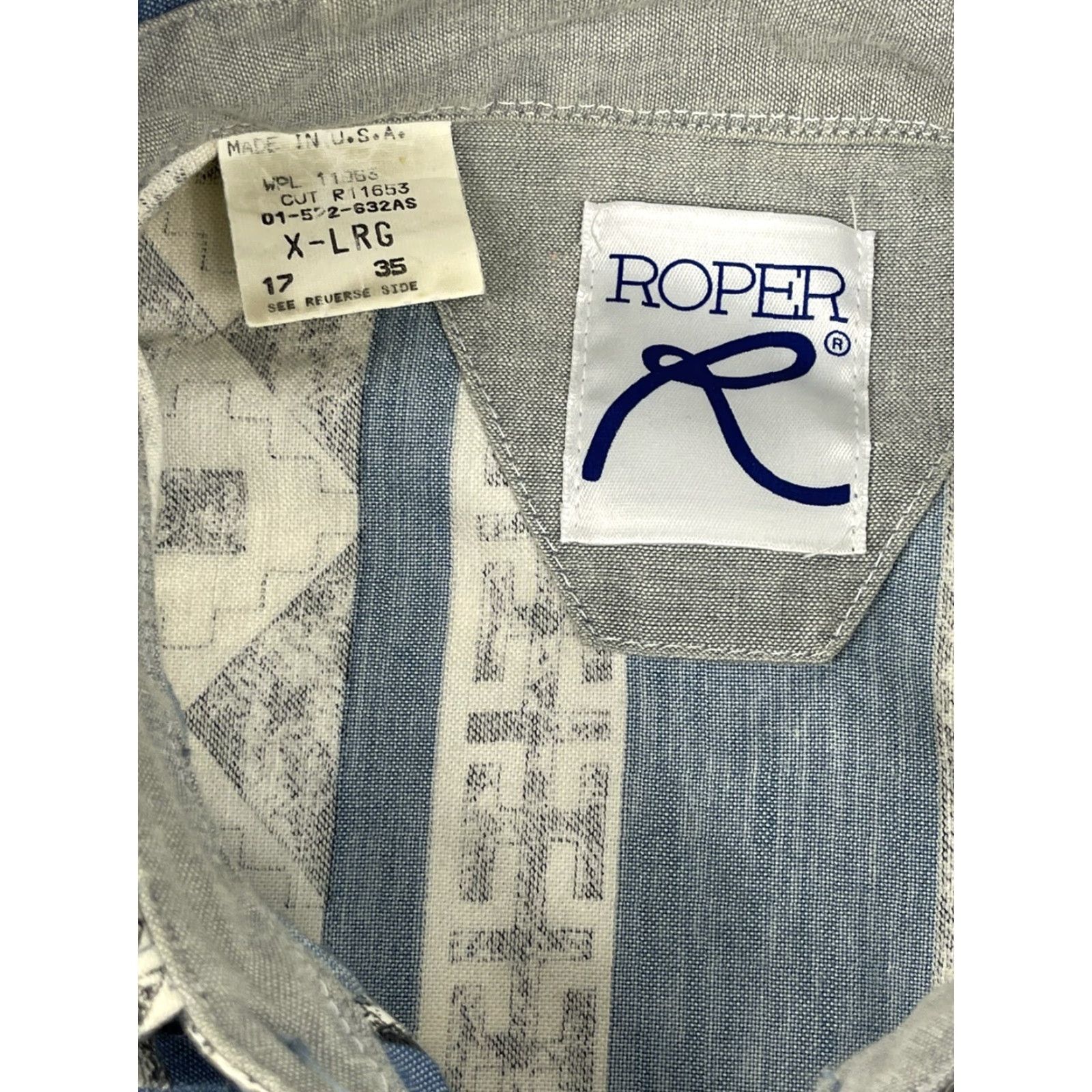 Roper VINTAGE ROPER Shirt Mens XL Blue Aztec Geometric 100% Cotton Button-Up Western Cowboy 90s Retro USA Size US XL / EU 56 / 4 - 2 Thumbnail