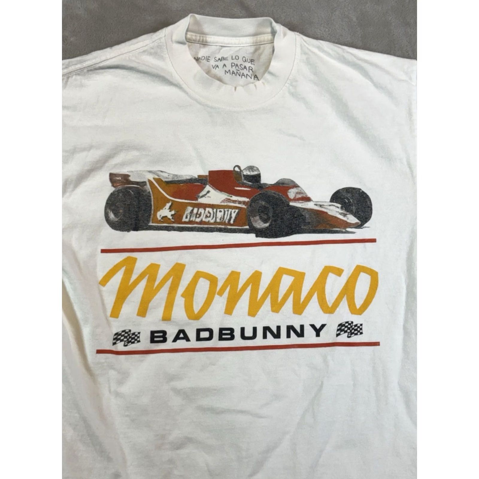Vintage Bad Bunny Official Tour Merch "Nadie Sabe" Monaco Race Car Shirt Small Mens Cream Cotton Graphic Print Short Sleeve Crew Neck Vintage No Size US S / EU 44-46 / 1 - 2 Thumbnail