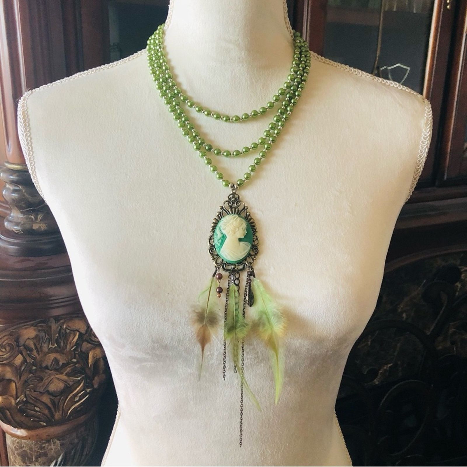 Handmade Handcrafted filigree green cameo genuine malachite necklac Size ONE SIZE - 2 Thumbnail