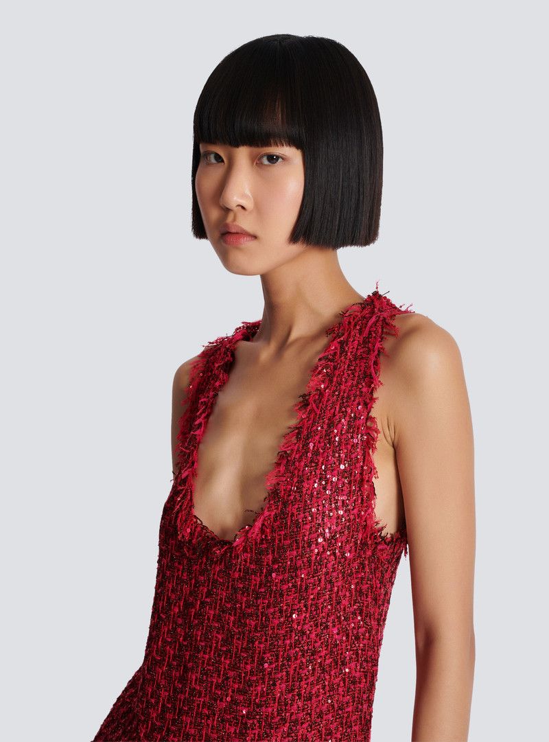 Balmain o1s1wg110526 Glittered Tweed Top in Red Size L / US 10 / IT 46 - 4 Thumbnail