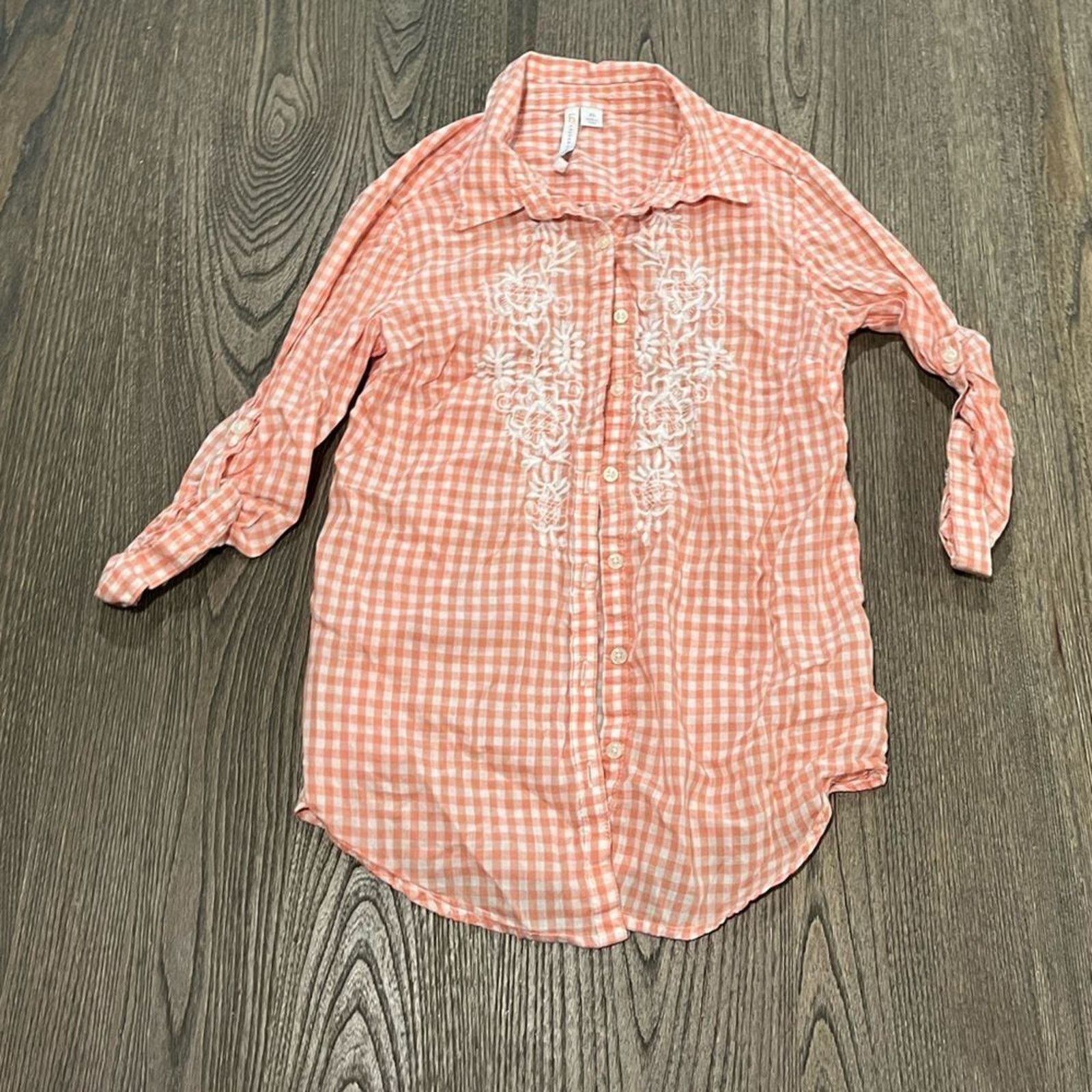 Vintage LC Lauren Conrad Peach White Gingham Print Blouse Size XS Size XS / US 0-2 / IT 36-38 - 1 Thumbnail