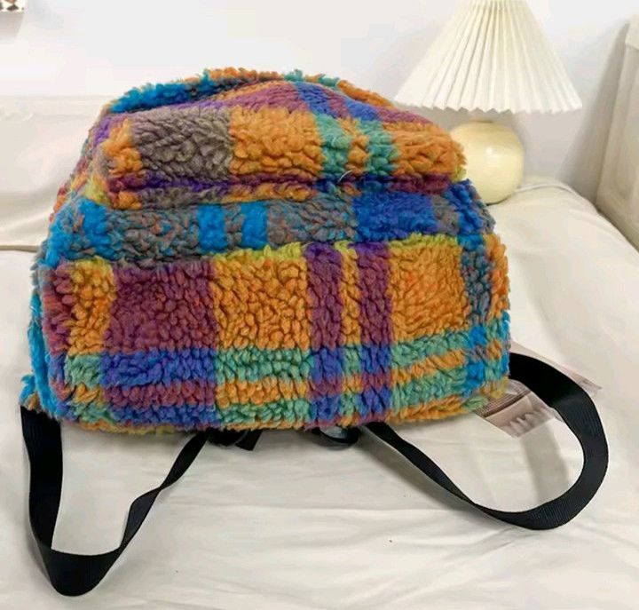 Japanese Brand Fashionable Multicolor Plaid Plush Backpack Size ONE SIZE - 4 Thumbnail