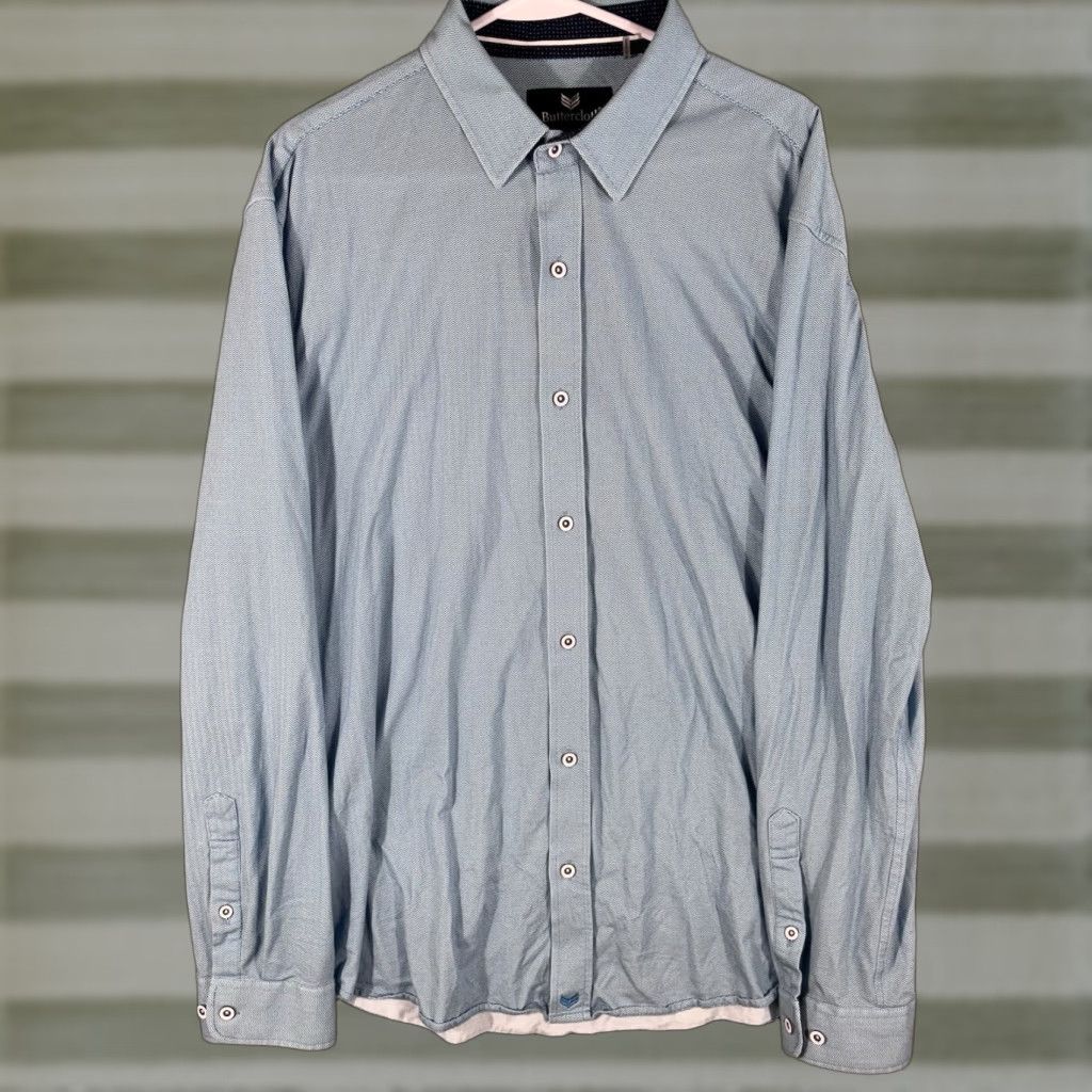 Buttero Buttercloth Shirt Mens XL Geometric Wave Performance Stretch Long Sleeve Button-Up Collared 2 Pocket Regular Fit Blue Cotton Size US XL / EU 56 / 4 - 1 Thumbnail