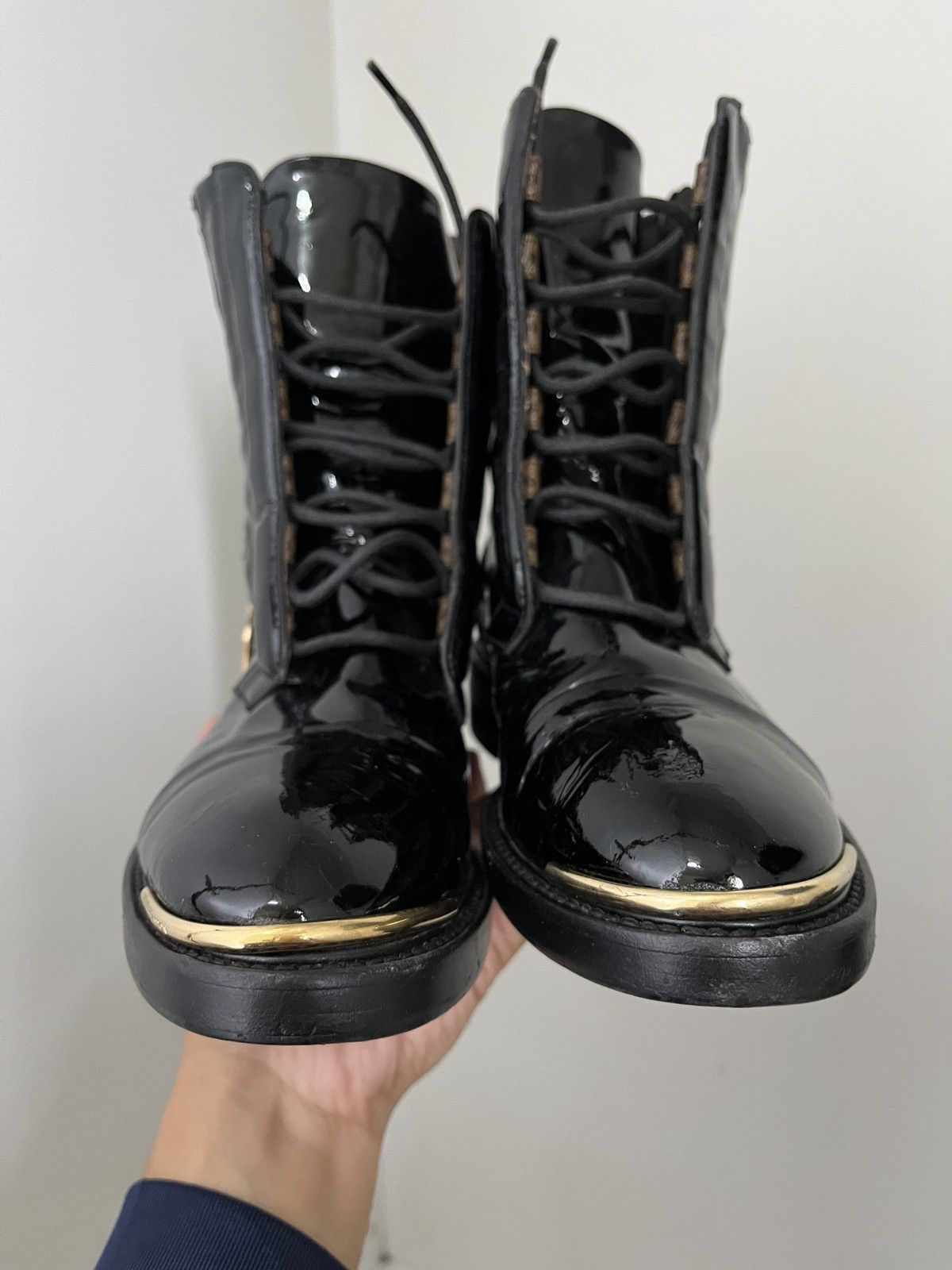 Louis Vuitton Louis Vuitton Patent Calfskin Monogram Macadam Combat Boots Size US 5.5 / IT 35.5 - 15 Thumbnail