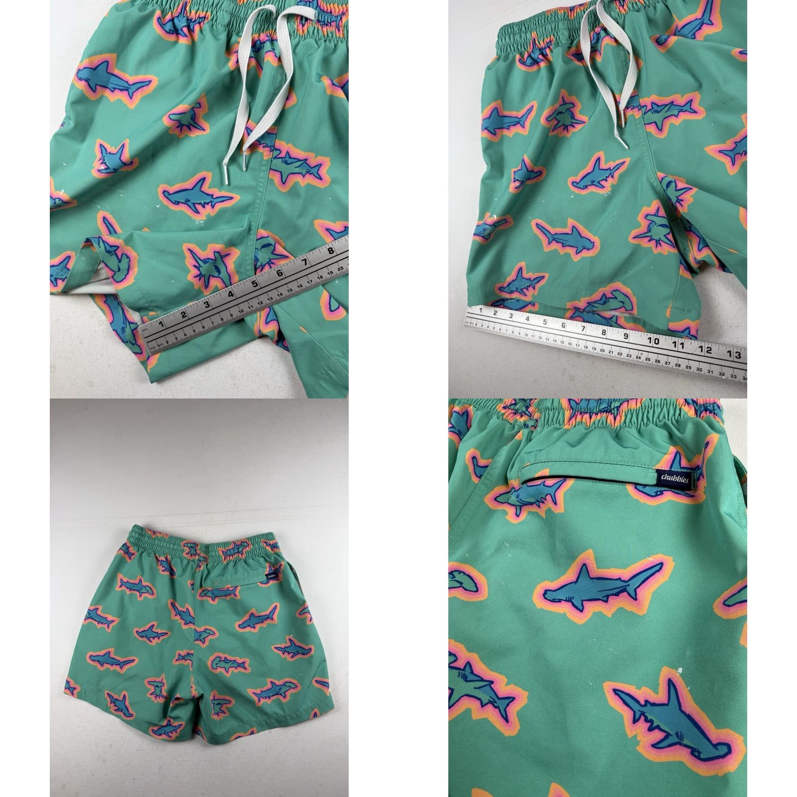Chubbies Chubbies Swim Trunk Mens M The Apex Teal Hammerhead Sharks Beach Vacation Summer Quick Dry Pockets Drawstring Elastic Waist Lined Scrubbed Stains Size US 31 - 8 Thumbnail