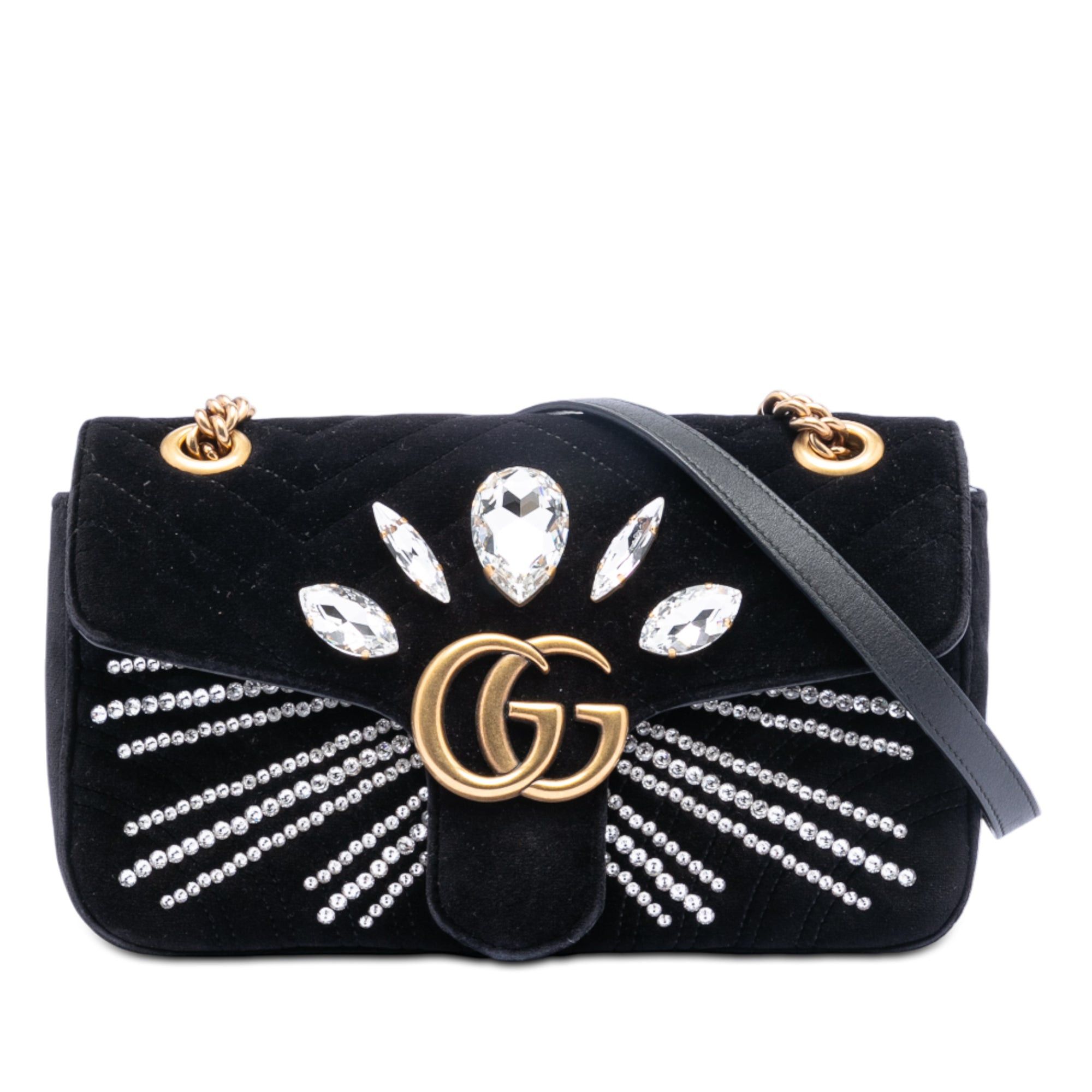 Gucci Medium GG Marmont Matelasse Velvet Crystal Embellished Shoulder Bag in Black, Women's
