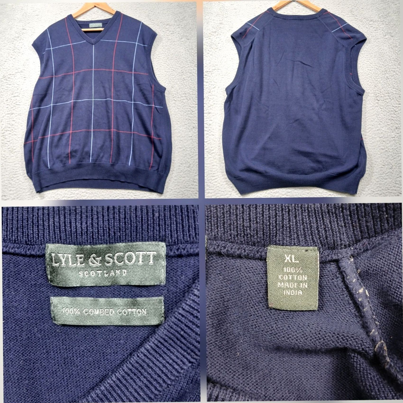 Lyle & Scott Lyle & Scott Sweater Vest Mens XL Blue Plaid V-Neck Cotton Scotland Size US XL / EU 56 / 4 - 2 Thumbnail