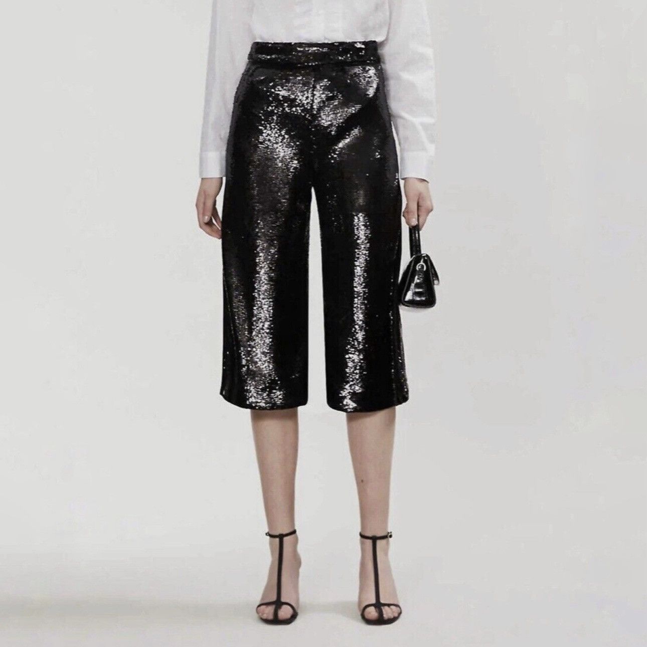 Maje Maje Black Noir Party Sequin Wide Leg Cropped Culottes Pant Size 24" / US 00 / IT 34 - 8 Thumbnail