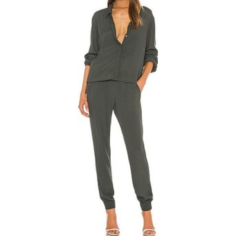 MONROW Monrow Crepe Long Sleeve Jumpsuit Button Up Elastic Gray XS Size 26" / US 2 / IT 38 - 1 Thumbnail