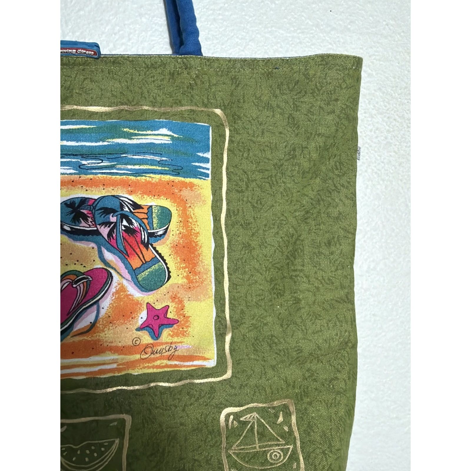 Annex Anne Ormsby Beach Scene Zip Beach Bag Tote Xtra Large Green Boho Size ONE SIZE - 6 Thumbnail