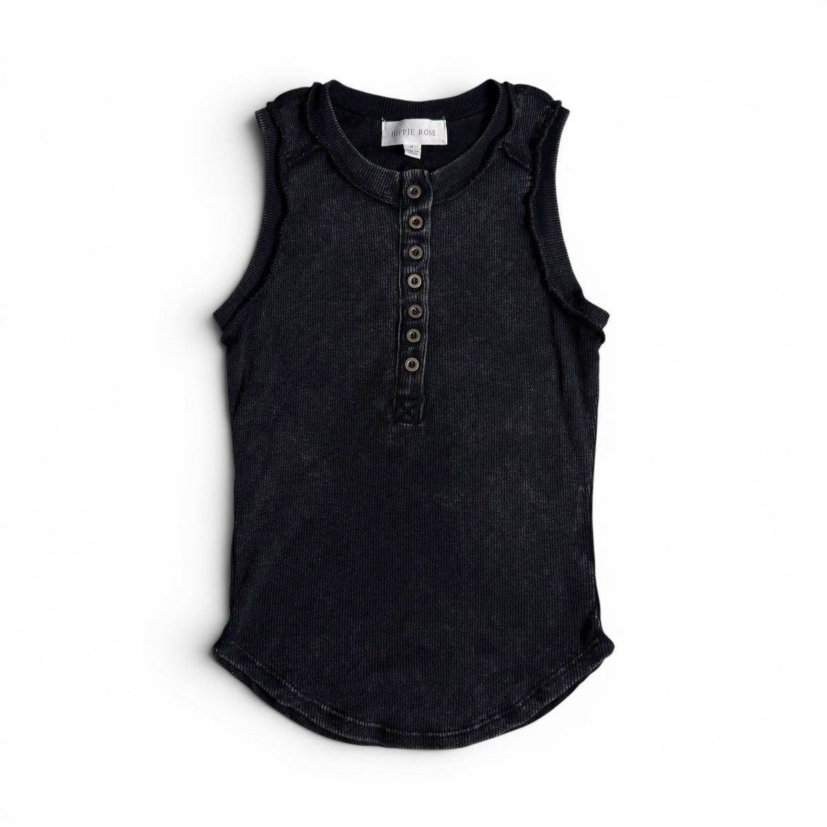 Acid Wash Dark Grey Ribbed Henley Button Down Tank Top