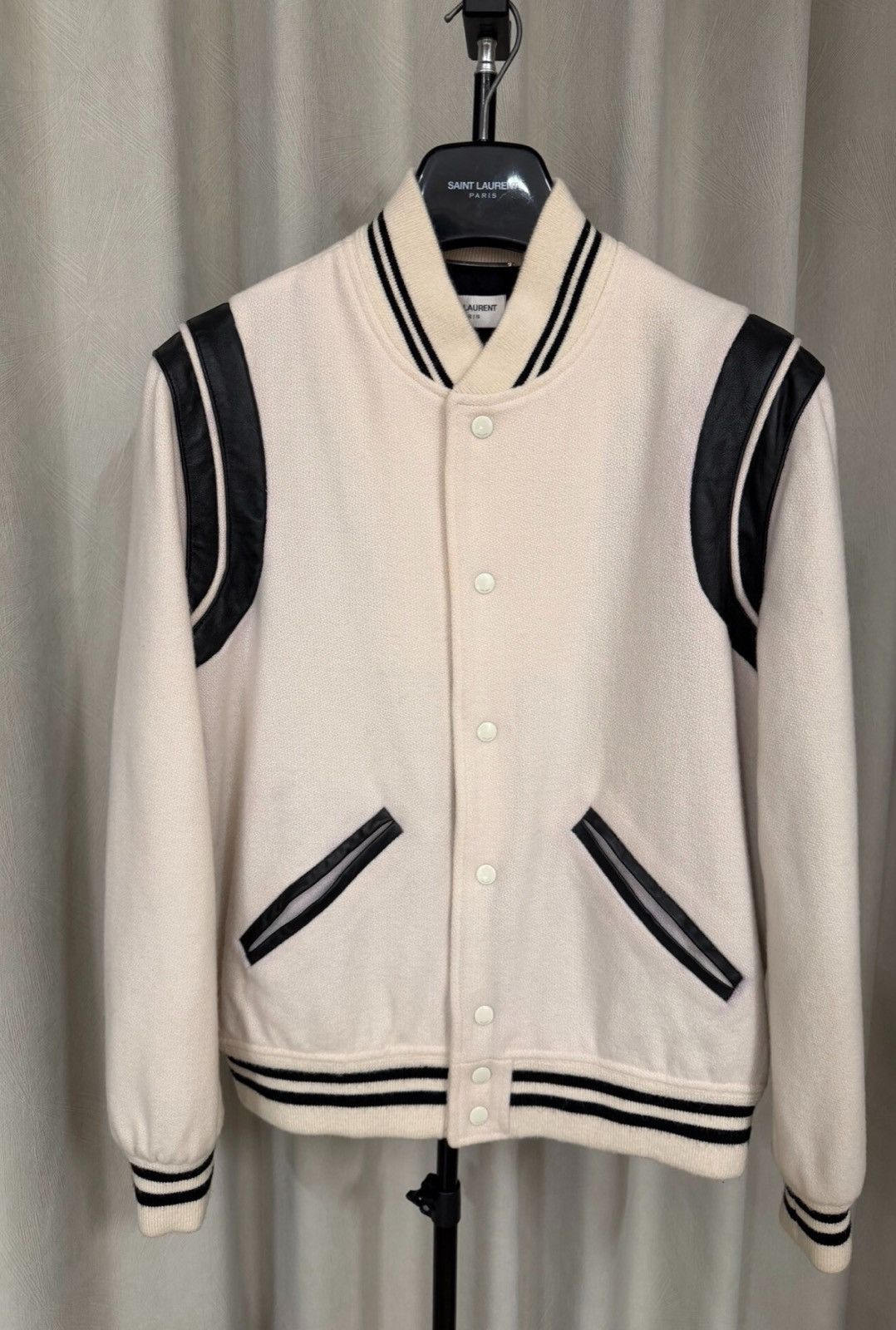 Saint Laurent Paris Saint Laurent Paris 22FW Ivory White Wool Varsity Jacket Size US L / EU 52-54 / 3 - 1 Thumbnail
