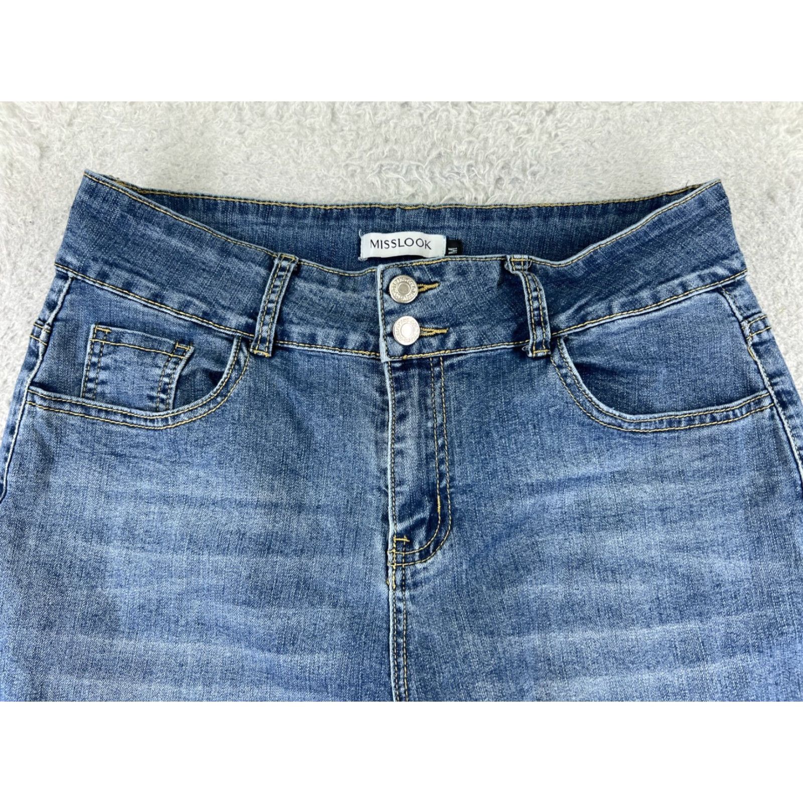 Vintage Misslook Jeans Womens Medium Blue Flare High Rise 28x29 Cotton Blend 5-Pocket Denim Distressed Cropped Lightweight Storm Womens Size 32" / US 10 / IT 46 - 4 Thumbnail