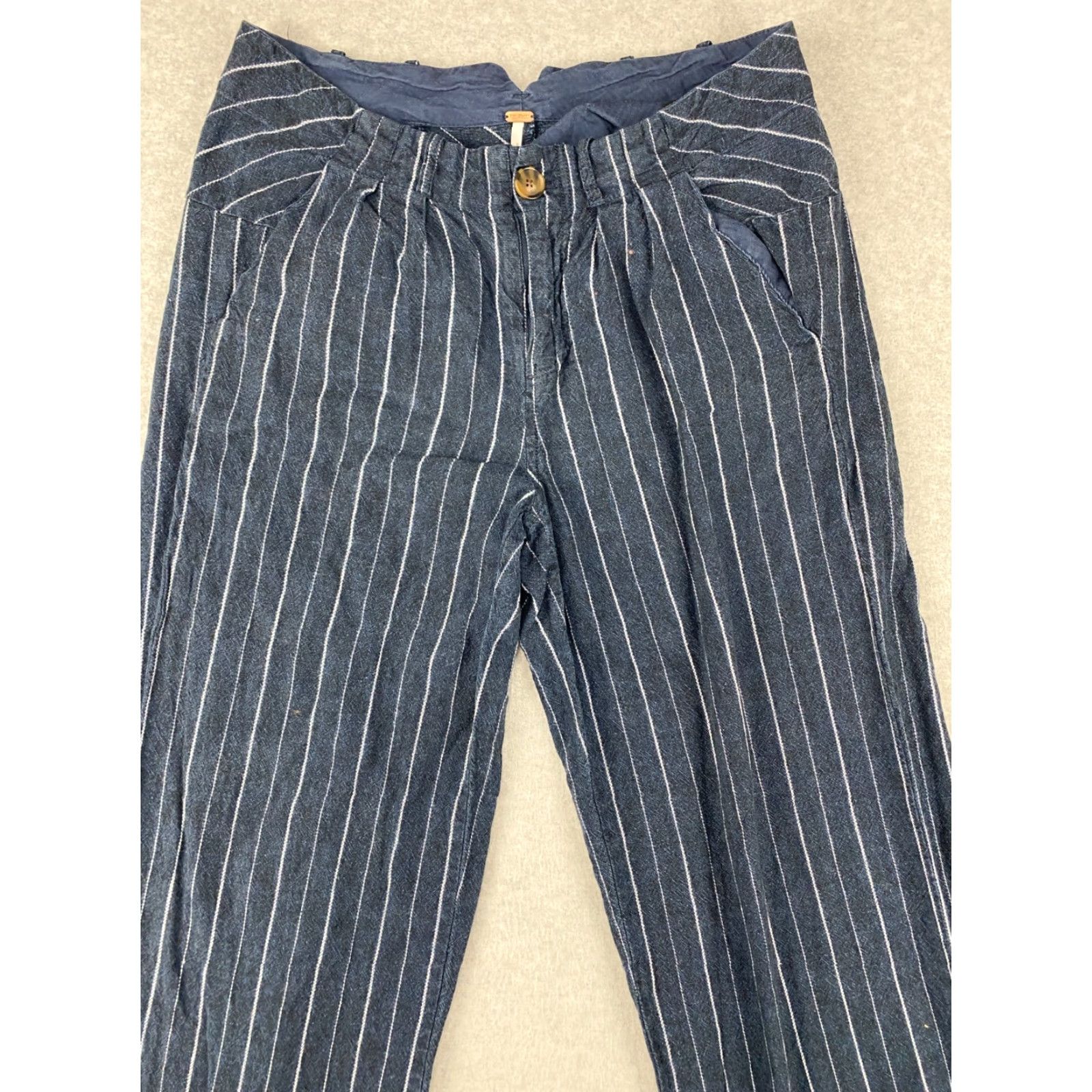 Free People Free People Pants Womens Navy Striped Wide-Leg Linen Cotton Boho Pleated Size 2 Size 26" / US 2 / IT 38 - 2 Thumbnail