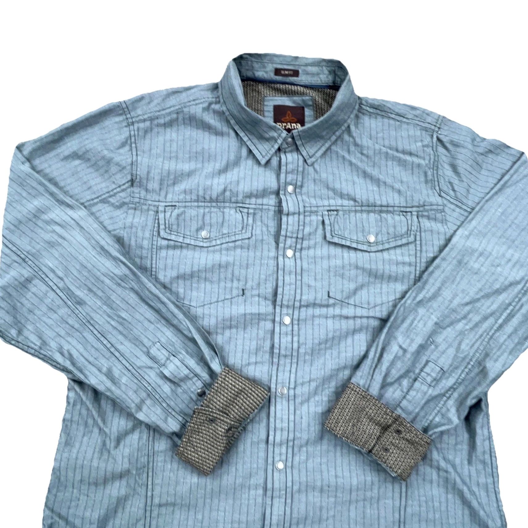 Prana prAna Slim Fit Button-Up Shirt Men Large Gray Long Sleeve Casual Dress Size 42R - 3 Thumbnail