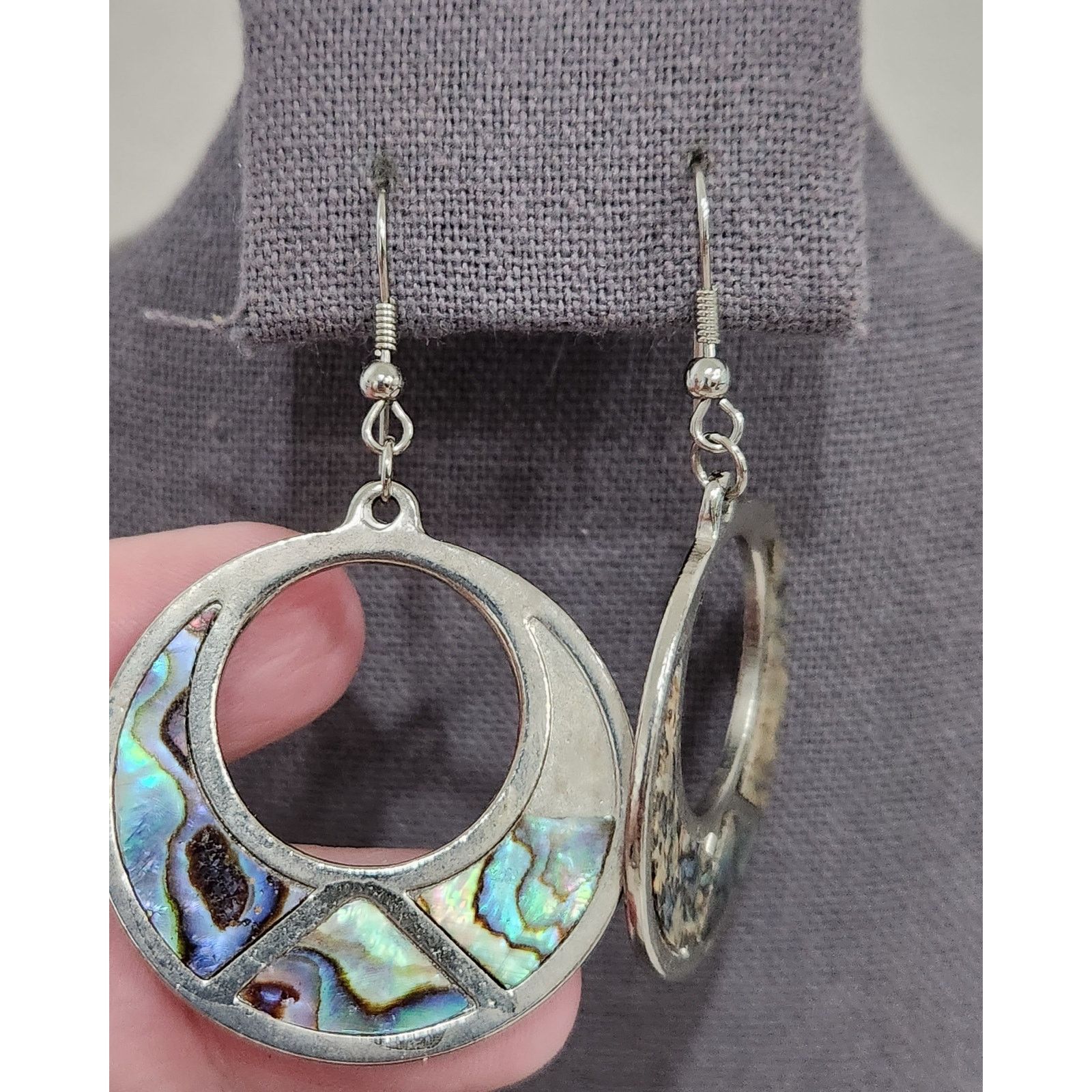 Other Silver Inlaid Abalone Round Dangle Fish Hook Earrings 2.5" Size ONE SIZE - 2 Thumbnail