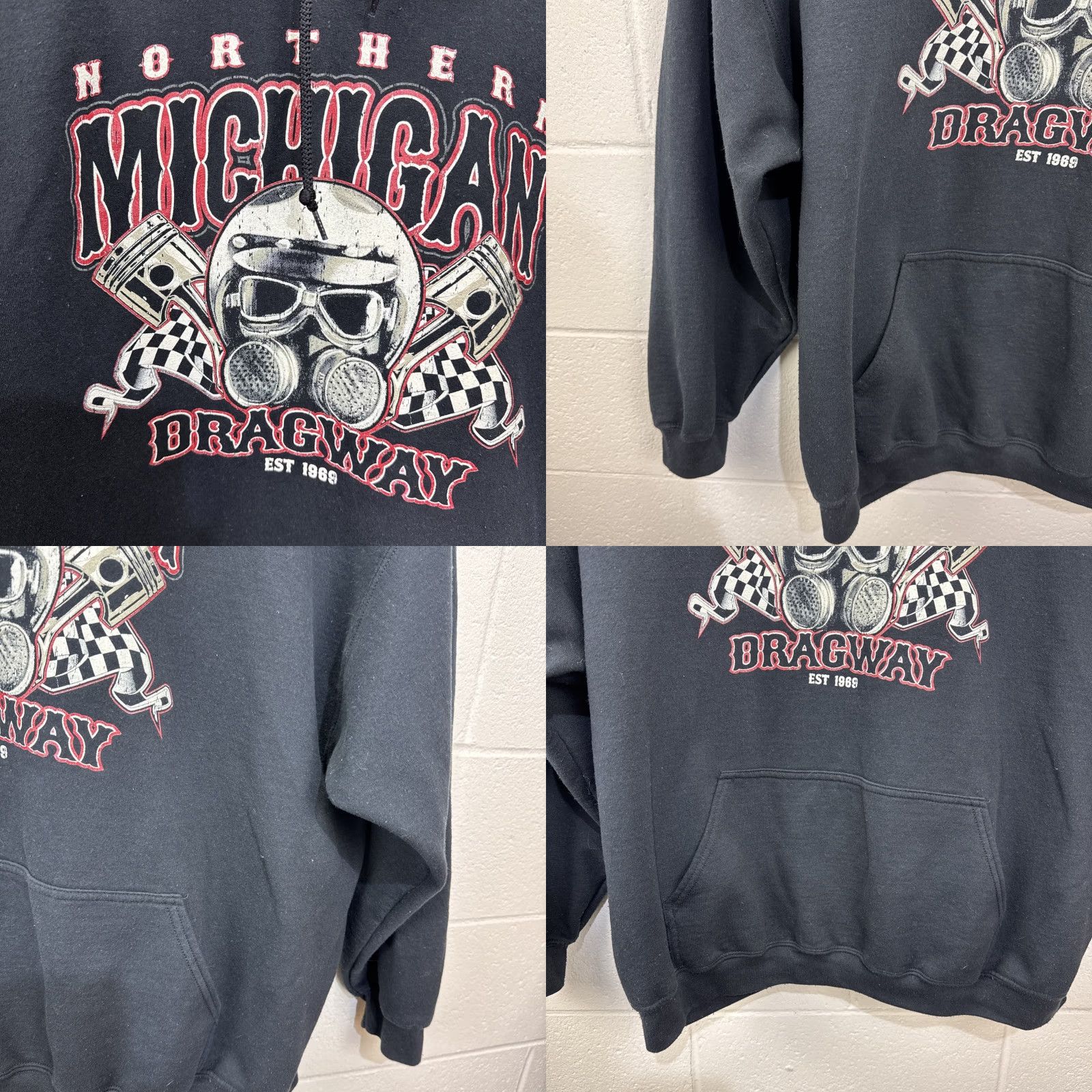 Gildan VINTAGE Northern Michigan Dragway Hoodie 3XL NMDRAGWAY Gas Mask Checkered Flags Mens Hooded Graphic Print Black 90s Racing Halloween? Size US XXL / EU 58 / 5 - 8 Thumbnail