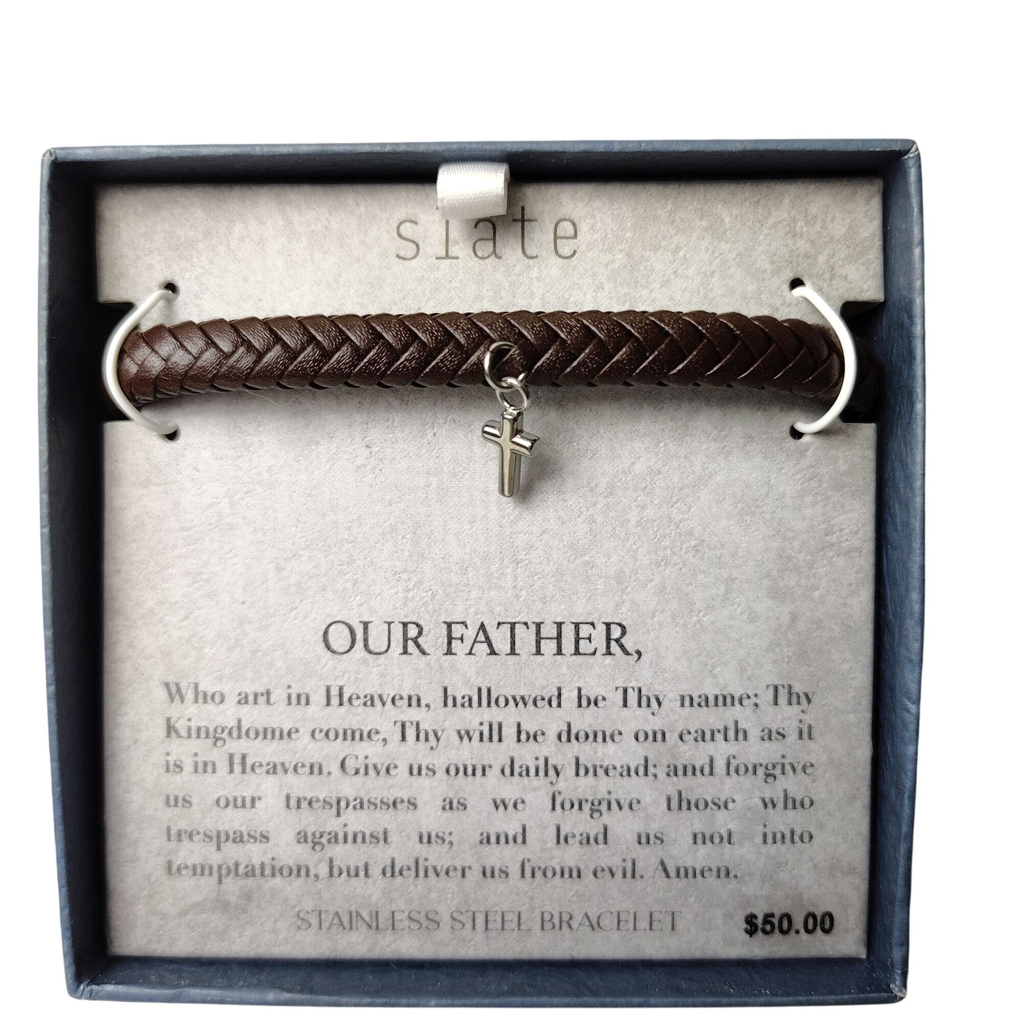 Other Slate Mens Braided Leather Bracelet With Stainless Steel Cro Size ONE SIZE - 2 Thumbnail