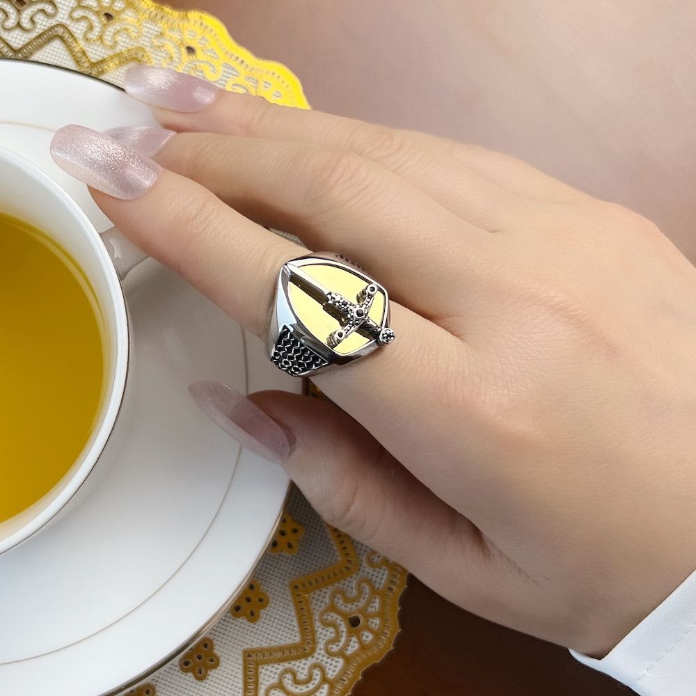 Jewelry SIZE 9 925 Sterling Silver Sword Golden Signet Ring Size ONE SIZE - 6 Thumbnail