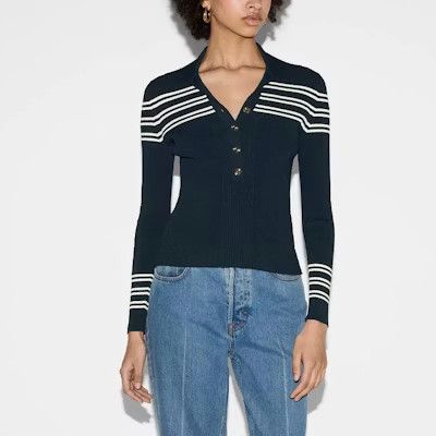Gucci o1la5ras0526 Stretch Rib Viscose Polo Top Shirt in Navy Blue Size XXL / US 16-18 / IT 52-54 - 3 Thumbnail