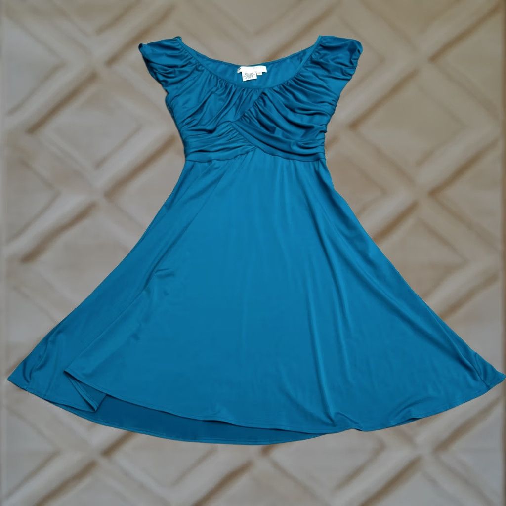 MAGGY LONDON Maggy London A-Line Dress Womens 10P Petite Ruched Wrap Fit & Flare Short Sleeve Teal Blue Size L / US 10 / IT 46 - 1 Thumbnail