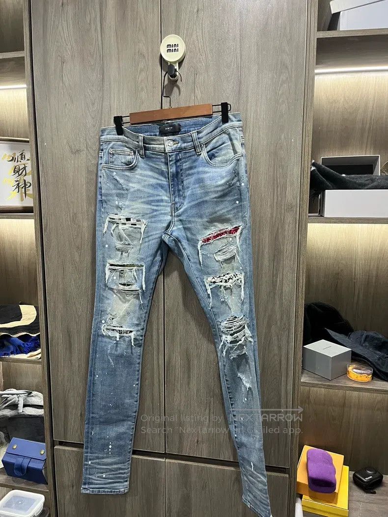 Amiri Amiri Size 33 Cashew flower checkerboard patchwork blue cat Size US 33 - 1 Thumbnail
