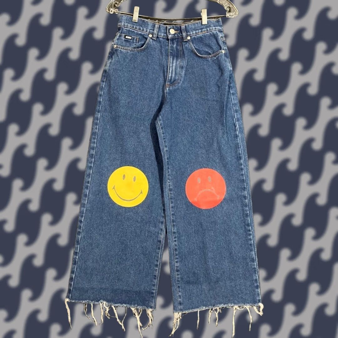 Minga London Minga London Jeans High Waist Wide Leg Blue Smiley Face Knee Patches Raw Hem Denim Women's 24" Size 42" / US 20 - 1 Thumbnail