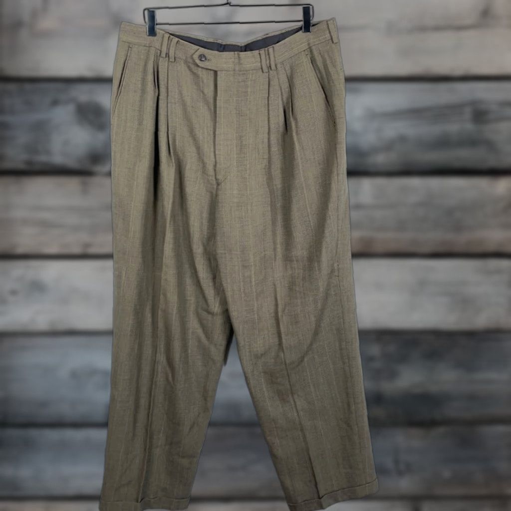 Vintage Vintage Wool Pleated Trousers Men's 37 x 30 Green Check Cuffed Italian Made Pants Size US 37 - 1 Thumbnail