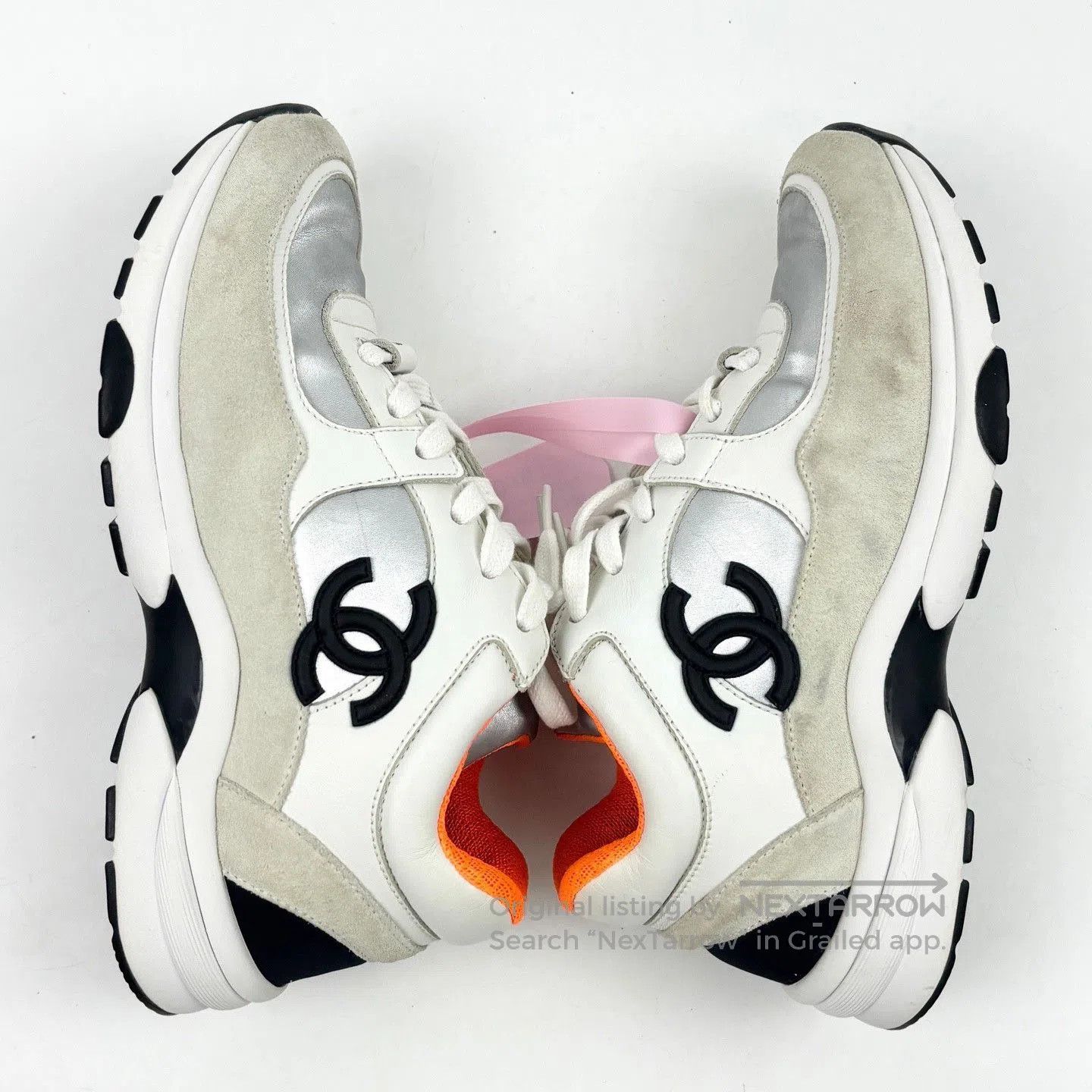 Chanel Chanel Silver White CC Logo Sneakers. Size US 5 / IT 35 - 4 Thumbnail