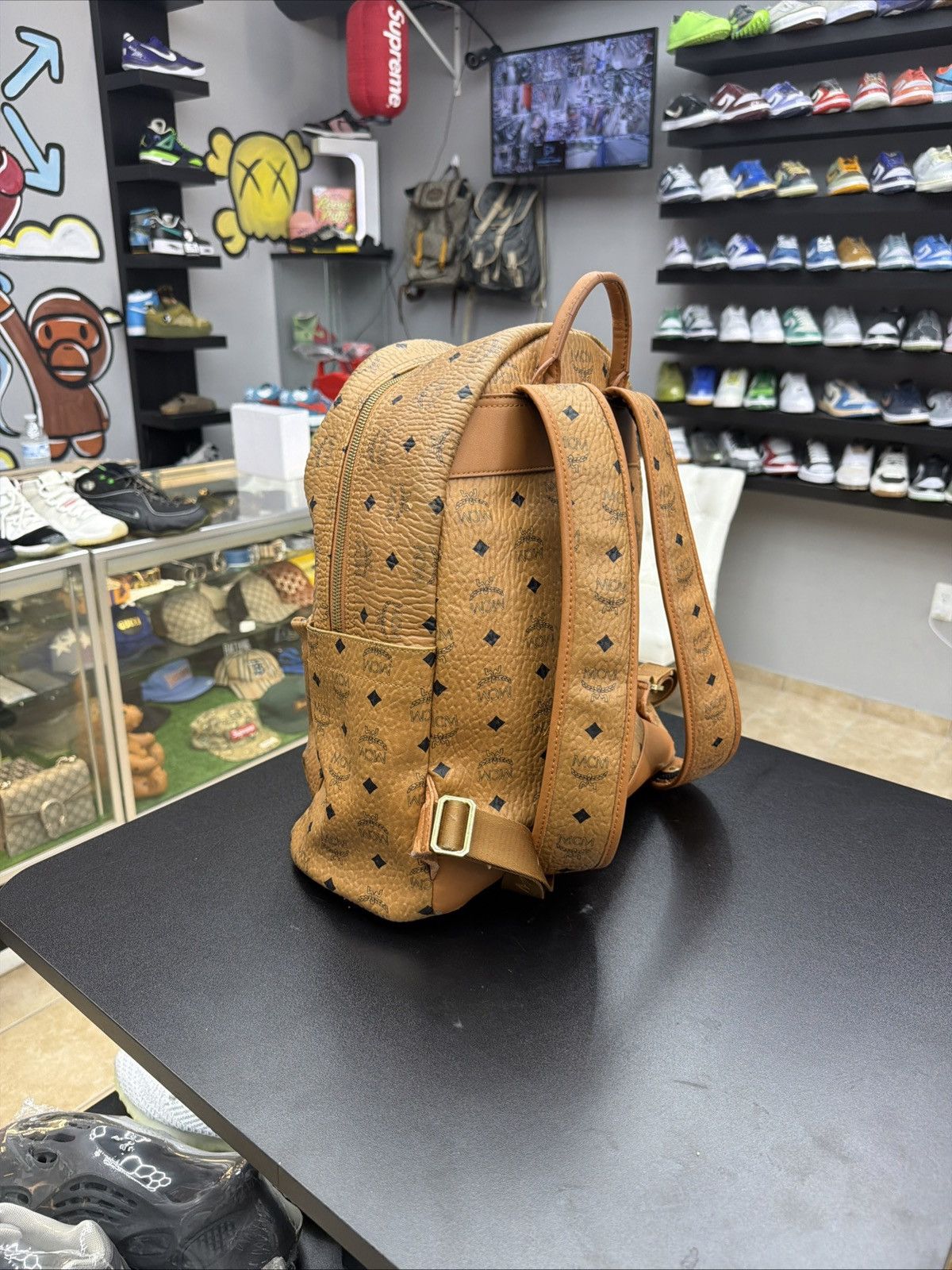 MCM MCM Visetos Medium Stark Logo Stripe Backpack Cognac Red Size ONE SIZE - 7 Thumbnail