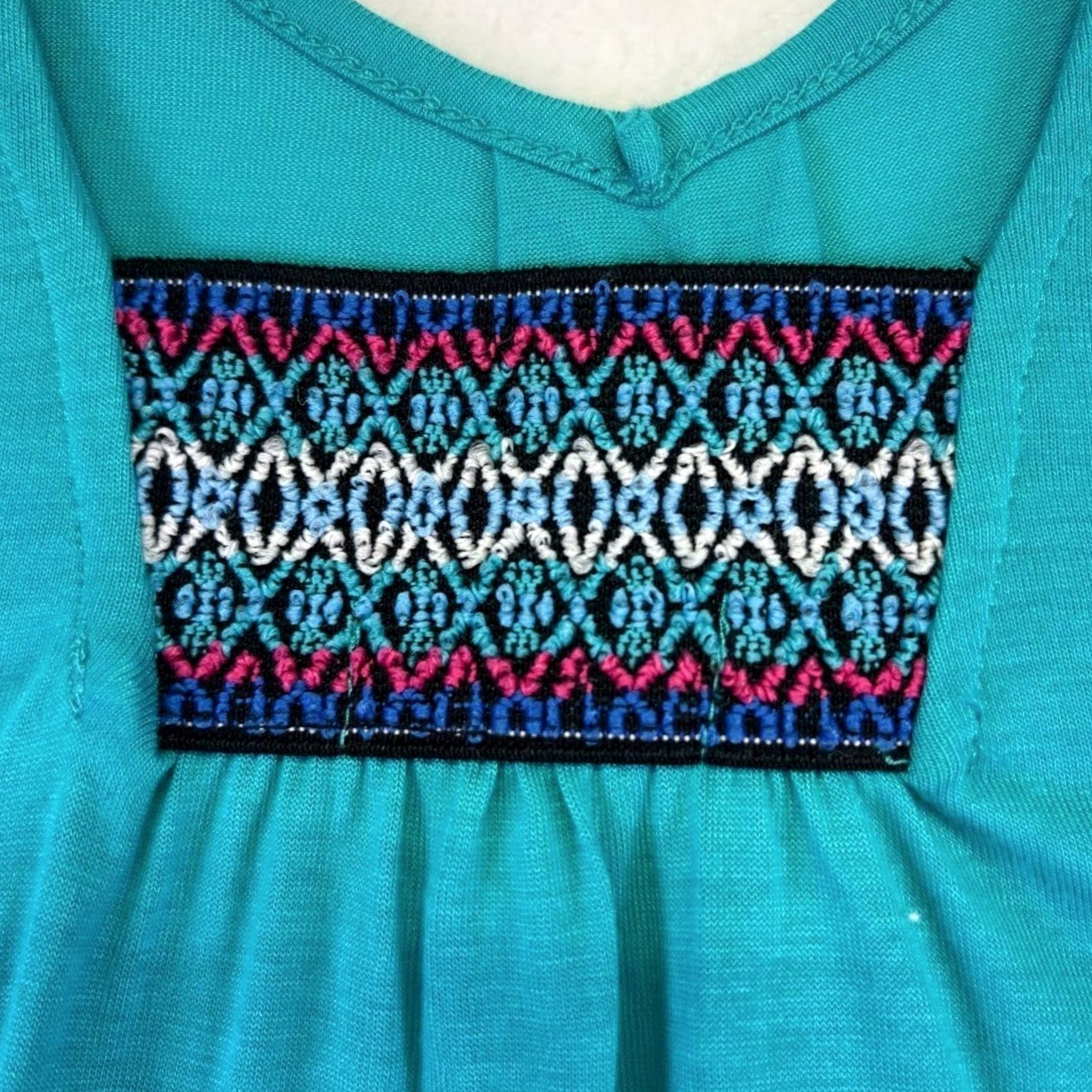 Vintage Eyeshadow Ruched Racerback Embroidered Tunic Turquoise Blue Size XL Tank Cami Womens V-Neckline Sleeveless Casual 100% Rayon Size XL / US 12-14 / IT 48-50 - 4 Thumbnail