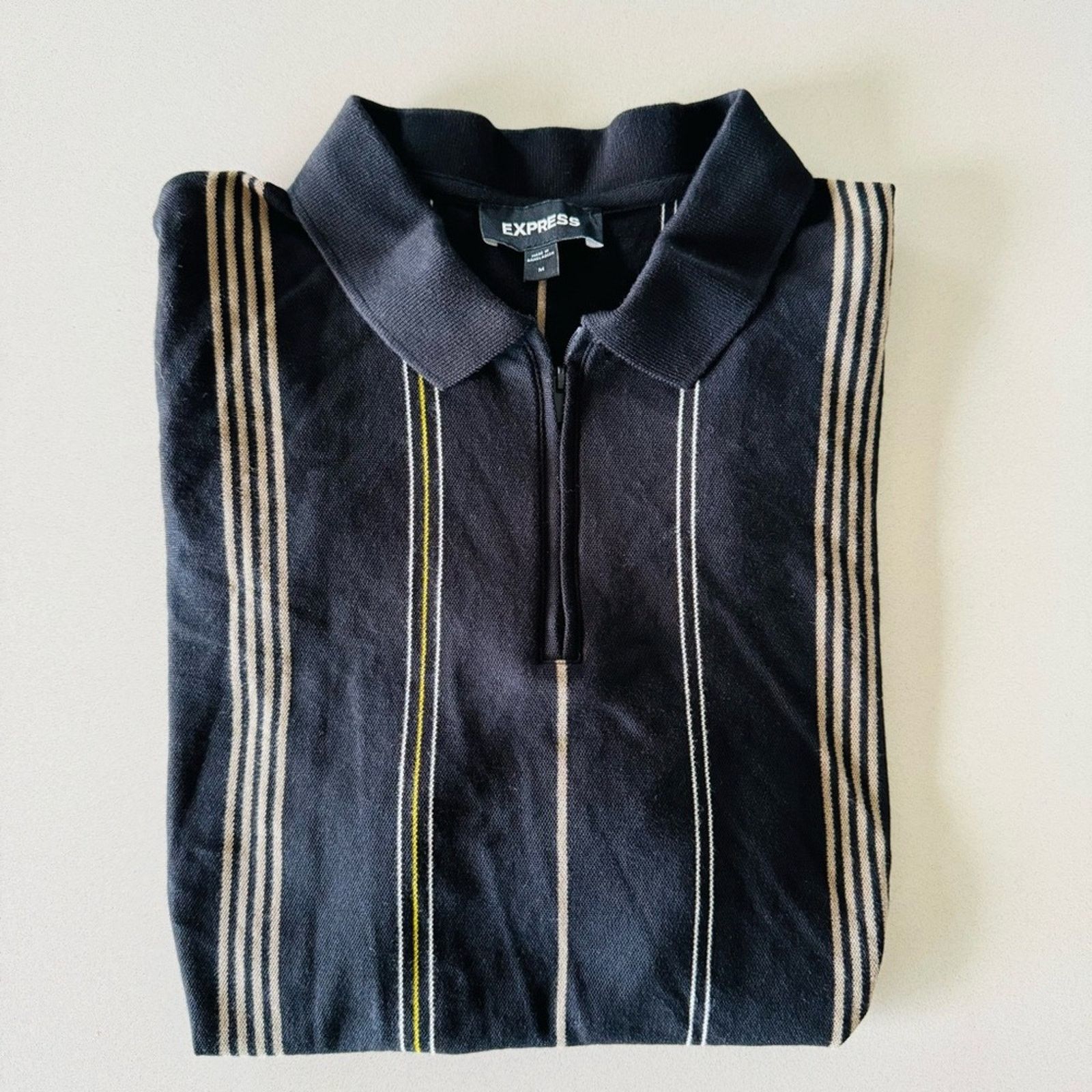 Express EXPRESS Black Beige Yellow Stripe Zip Short Sleeve Shirt Top Size US M / EU 48-50 / 2 - 2 Thumbnail