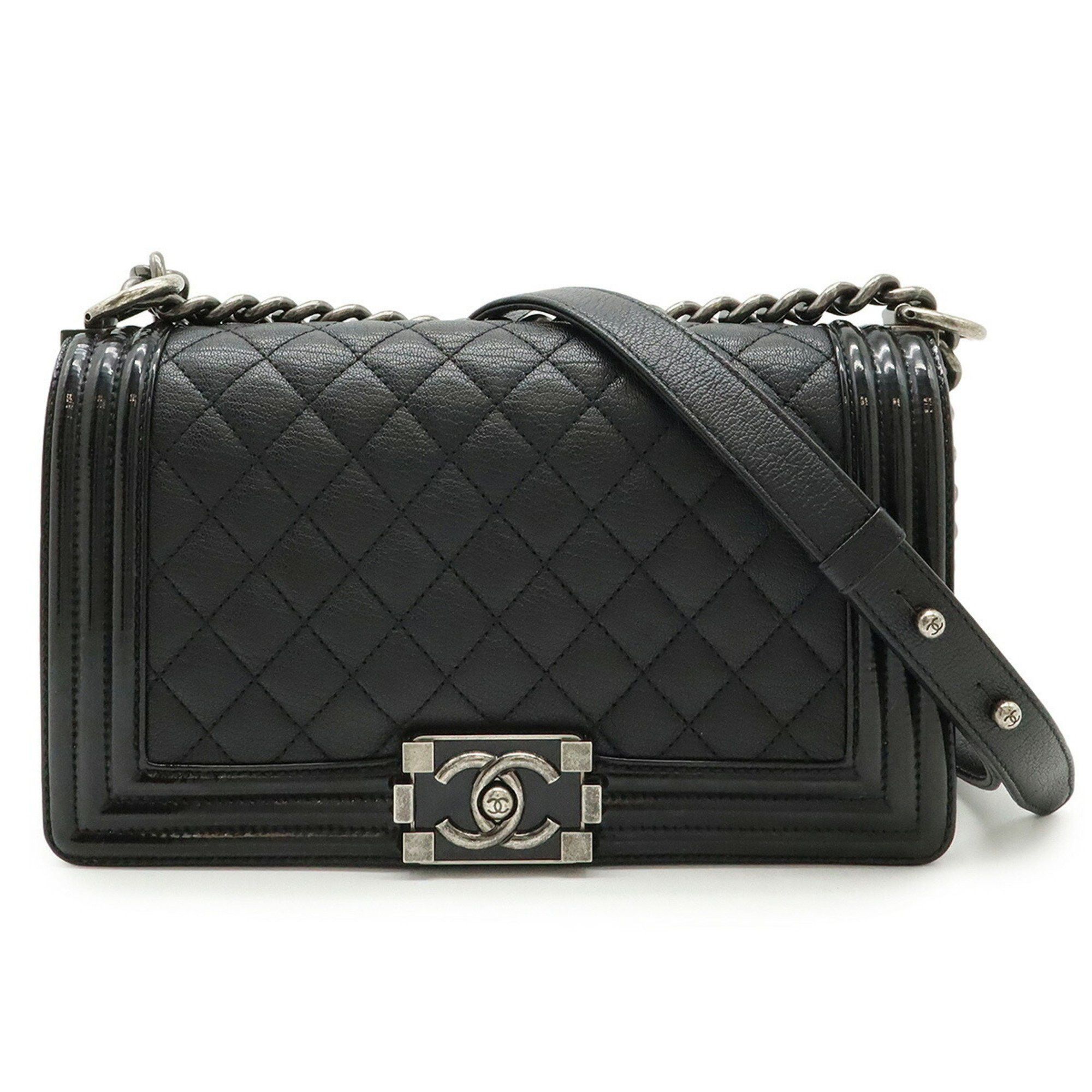 Chanel Boy Chanel 25 Coco Mark Chain Shoulder Bag Leather Enamel Black A67086, Women's