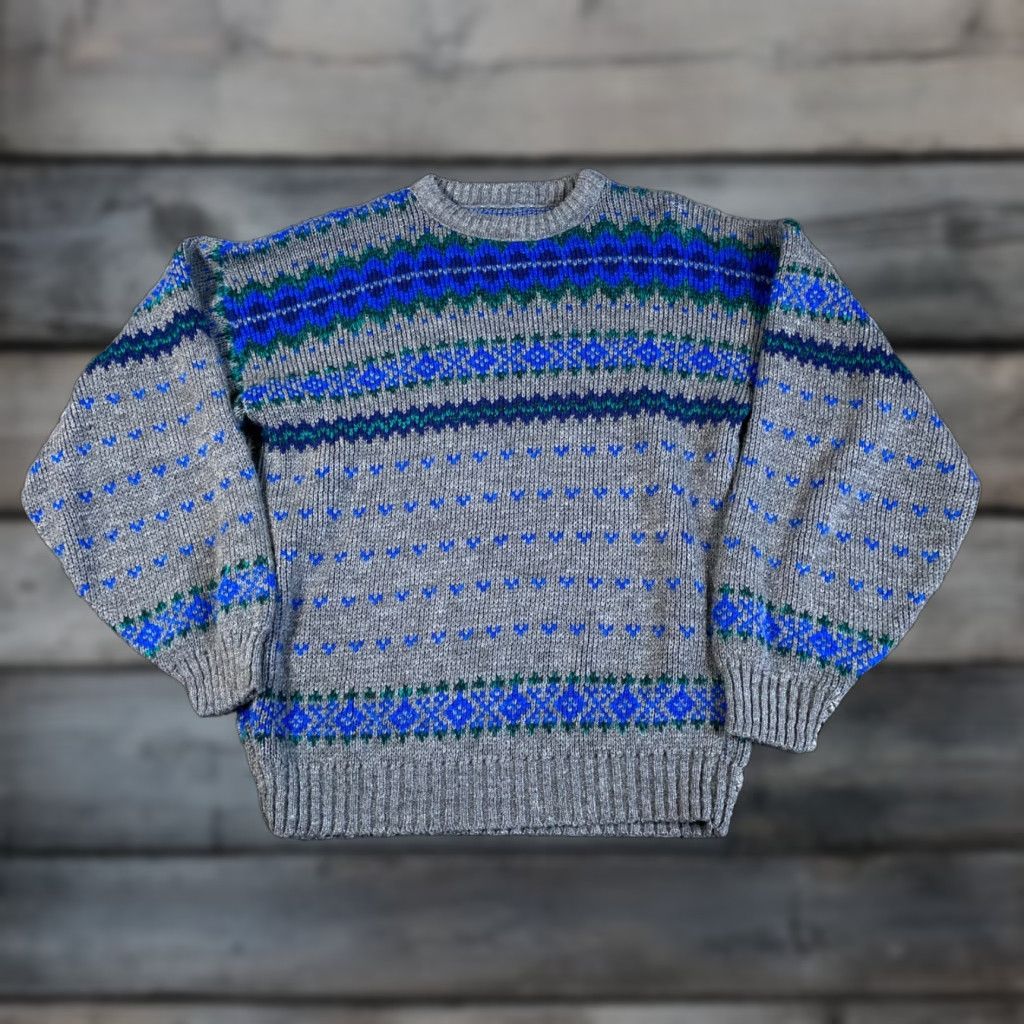 Vintage VTG 90s Geometric Pattern Sweater Adult Medium Gray Blue Chunky Knit Dad Style Size US M / EU 48-50 / 2 - 1 Thumbnail