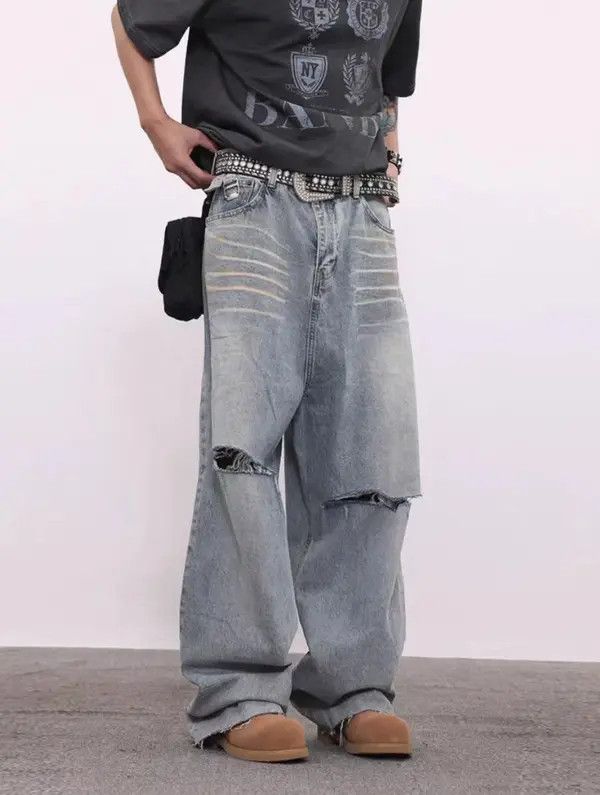 Japanese Brand VIBE Washed vintage distressed ripped fringed baggy jeans Size US 32 / EU 48 - 8 Thumbnail