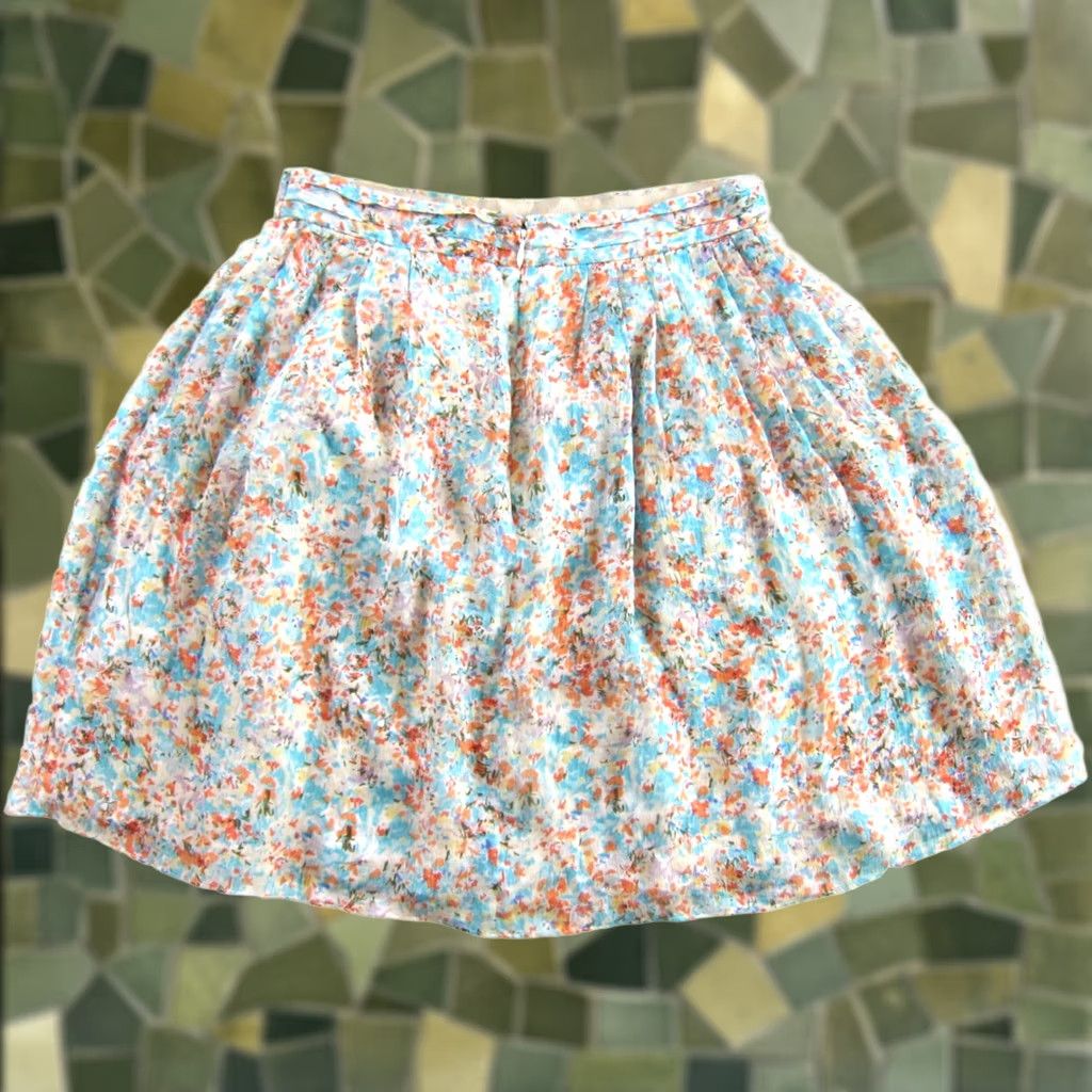 J.Crew J.CREW Floral Silk A-Line Skirt 0 Blue Orange Purple Green 100% Silk Lined Zip Short 90s Bohemian Womens Size 25" / US 0 / IT 36 - 1 Thumbnail