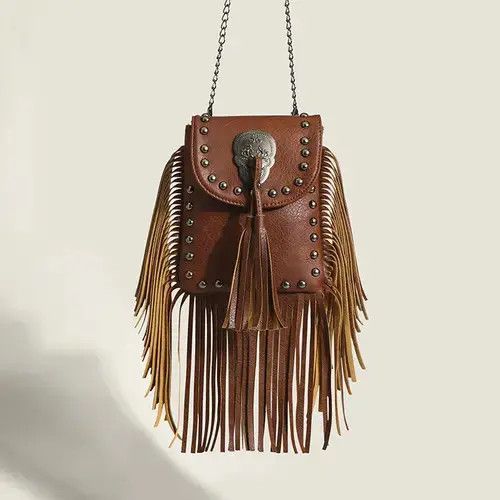 Vintage Brown Retro Fringed Rivet Crossbody Bag Size ONE SIZE - 4 Thumbnail