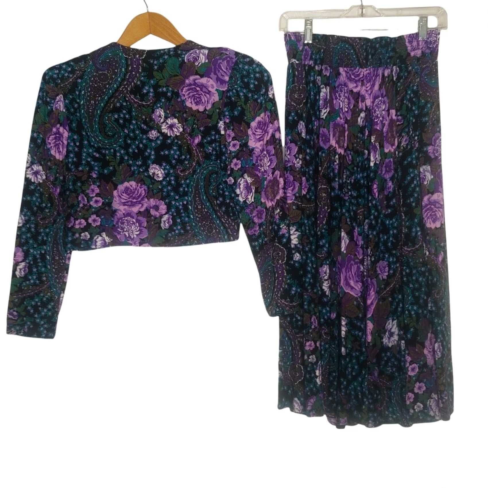 Vintage VINTAGE Karin Stevens Outfit Skirt Shirt Set Black Purple Floral Paisley Size 8 Womens Size M / US 6-8 / IT 42-44 - 2 Thumbnail