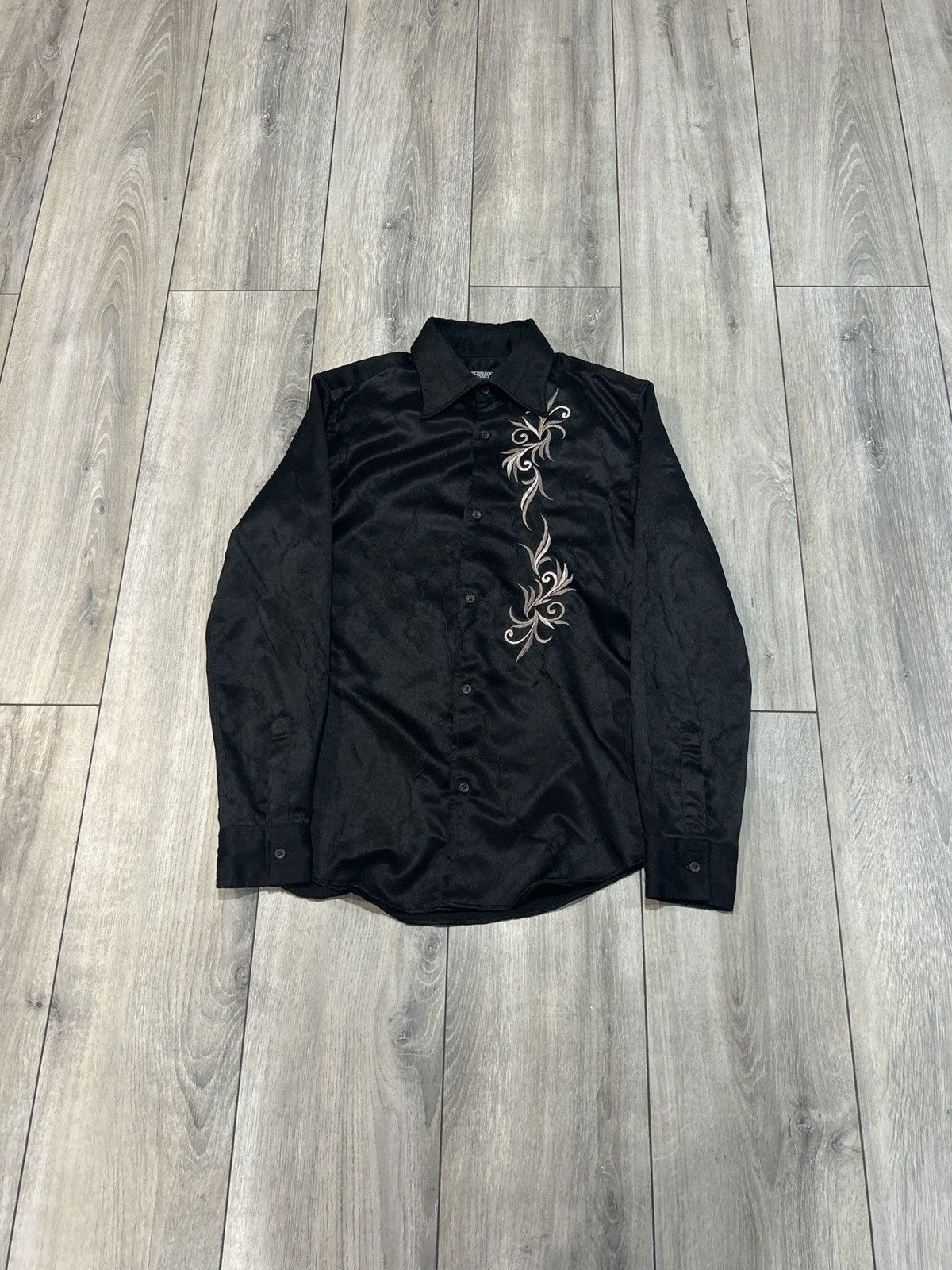 image of Tornado Mart “Tribal” Embroidered Button Up in Black, Men's (Size Large)
